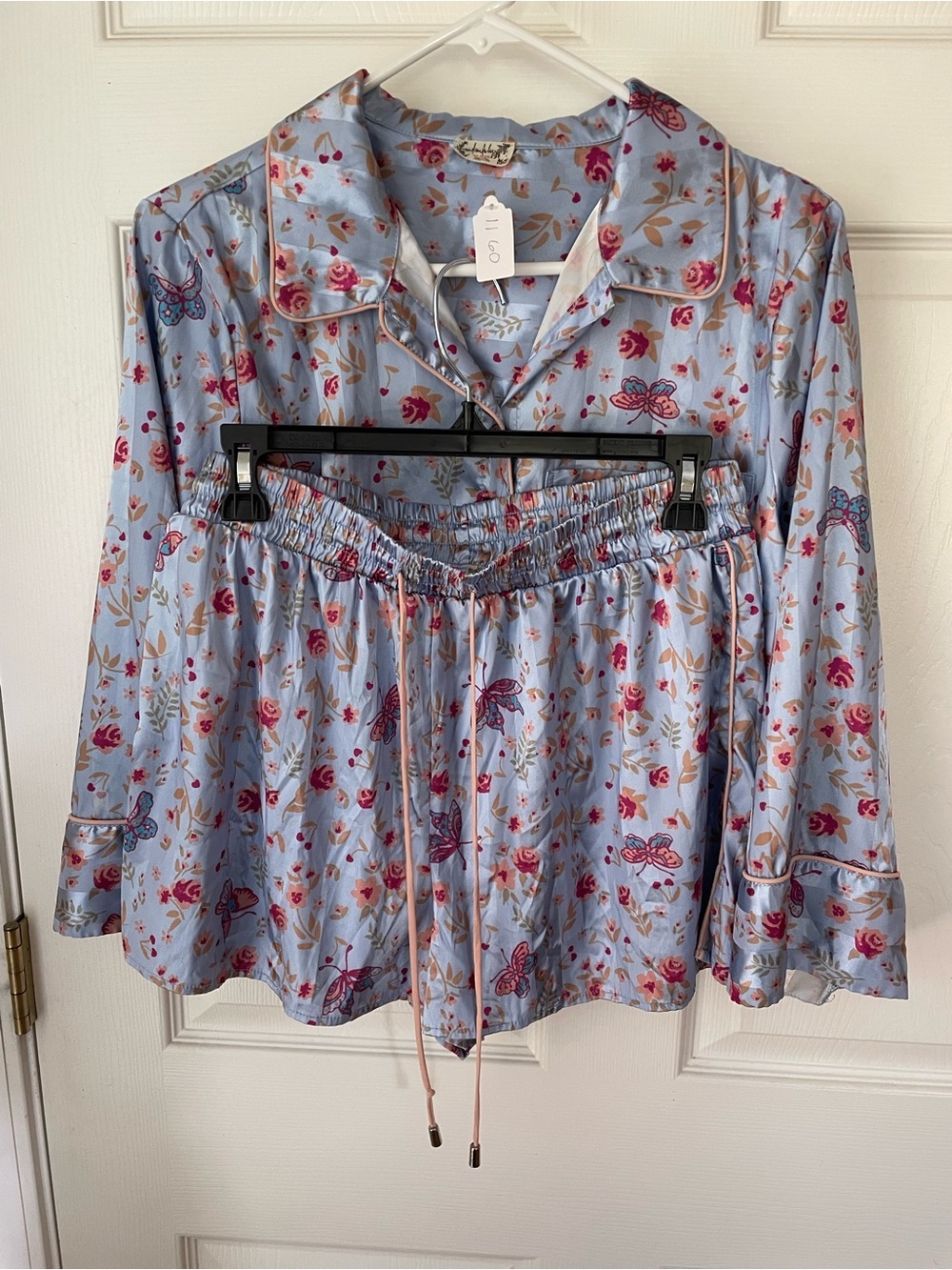 Free People Butterfly Floral Satin Pajama Set XS Blue Pink Sleep Lounge